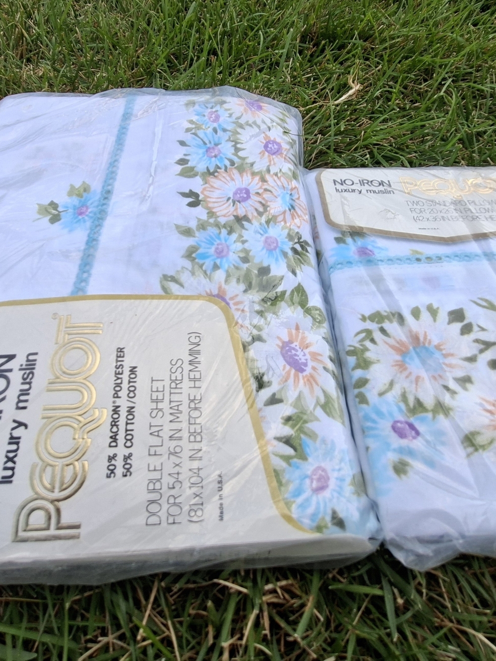 Vintage Pequot Maytime Double Flat Sheet 2 Pillowcases NOS Daisy Floral Blue Lac